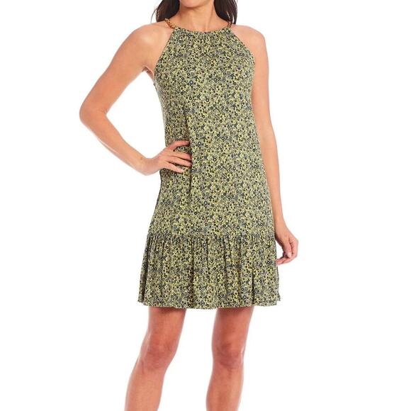 Michael Kors Floral Sunflower Dress Sleeveless Gold Chain Strap Size 1X Zip Back - Picture 1 of 14